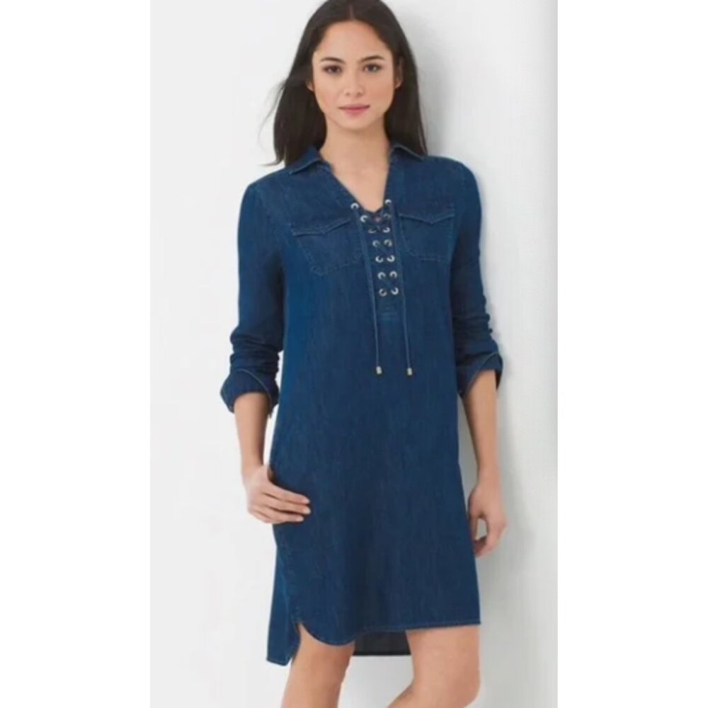 White House Black Market Denim Lace-Up Shirt Dress | Size 4 | Long Sleeve